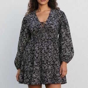 Merlette Lasse Print Mini Dress in Black Stamped Floral Size Large
